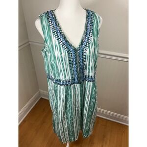 J Jill‎ Green White Sleeveless Dress Summer Embroidered V Neck Women Size S